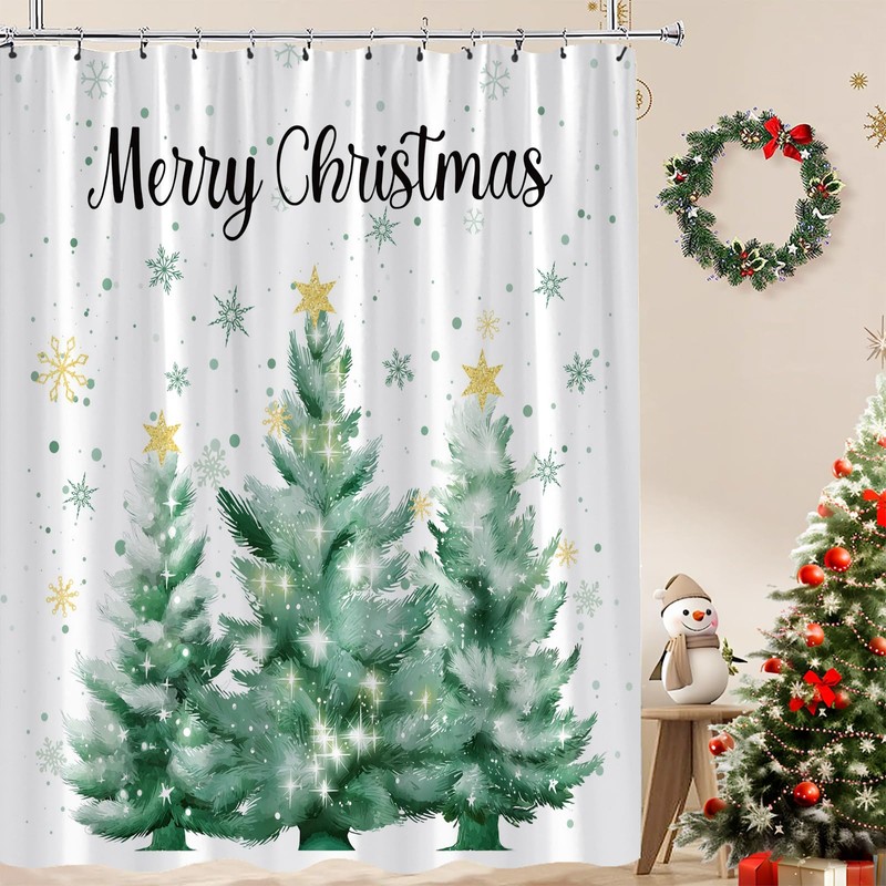 UPUMKSK Green Christmas Tree Shower Curtain Cute Pine Trees Snowflake