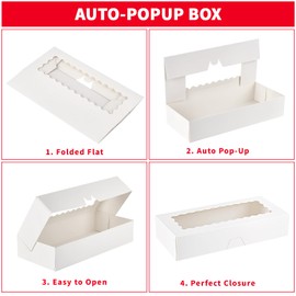 Ocmoiy 12.5 x 5.5 x 2.5 Inch Bakery Boxes, 20 Pack Auto-Popup Cookie Boxes with Window, White Treat Boxes for Chocolate Covered Strawberries, Cocoa Bombs, Donuts, Muffins, Pastries