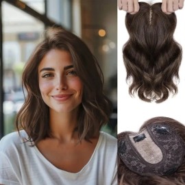 Large Base Toppers Hair Pieces for Women Full Volume Middle Part Clip in Bangs Synthetic Wavy Hair Topper for Daily Wearcolor: 4H12, stretched length: 14inches, toupee size: 6x6