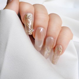 GLORS Nude Press-on Nails, Long Ballerina Shape, Gold Floral Design with Pearls, Handmade False Nail 10 Pieces (Large,LB)