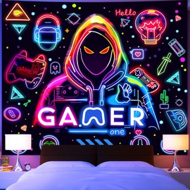 Apdidl Blacklight Gaming Wall Tapestry for Bedroom, Glow in the Dark Funny Game Player Boys Room Decor Tapestries, Cool Gamer Posters UV Reactive Neon Wall Hanging for Kids Living Room Dorm 51" X 60"