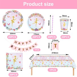 102 Pieces Fairy Party Tableware Children's Birthday Set, 20 Guests Fairy Party Tableware Set, Fairy Children's Birthday Decoration, Butterfly Fairy Plate Set, Reusable, Straws, Napkin, Tablecloth,