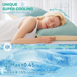 Three Geese Cooling Goose Feather Down Bed Pillows King Size Set of 2 for Hot Sleepers, Q-Max>0.45, Cooling Hotel Bed Pillows for Side Stomach Back Sleepers, Washable Removable Cover, 20" x 36"