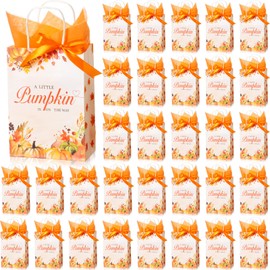 AmazingSpark 50 Sets Fall Baby Shower Gifts Bags Bulk A Little Pumpkin is On The Way Thank You Gift Bags with Handles Bow Ribbon and Tissue Paper for Guests Gender Reveal Party(Orange)