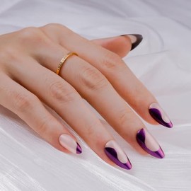 Hkanlre Uñas postizas almendradas brillantes, tamaño mediano, uñas postizas francesas para mujer, uñas naturales reutilizables con brillo.