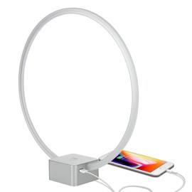 Brightech Circle - LED Modern Bedroom Nightstand Lamp - Super Bright Bedside Table Reading Light, Dimmable to Night Light - Great On Side & End Tables - USB Port- Titanium Silver