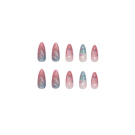 SINHOT Round Press on Nails Medium - Red Blue Ombre Cat Eye Fake Nails Glossy Glue on Nails Handmade Swirl Nails Stiletto Artificial Nails Stick on False Nails with Design DIY 24 pcs