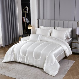Bedding_Dreamer Silk Like White Comforter Set with Sheet Set King Size 8 Pieces Satin Bedding Set Silky Bed-in-a-Bag Luxury Hotel Soft Silky Comforter Set with 1 Cushion Cover Vegan Silky Bed Set