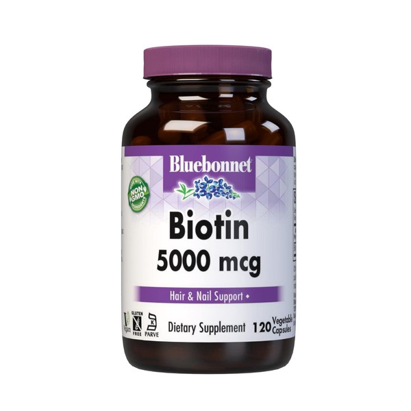 Bluebonnet Nutrition Biotin 5000 Mcg Vegetable Capsules, Biotin is a B Vitamin That Helps Make Keratin, Vegan, Vegetarian, Non GMO, Gluten Free, Soy Free, Milk Free, Kosher, 120 Vegetable Capsules