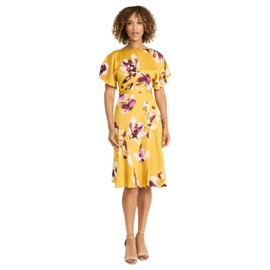 Maggy London Women's Elegant Knee-Length A-Line Fluttery Sleeves-Boat Neck-Fitted Waist-Versatile Occasion Dress, Yellow/Purple/Brown