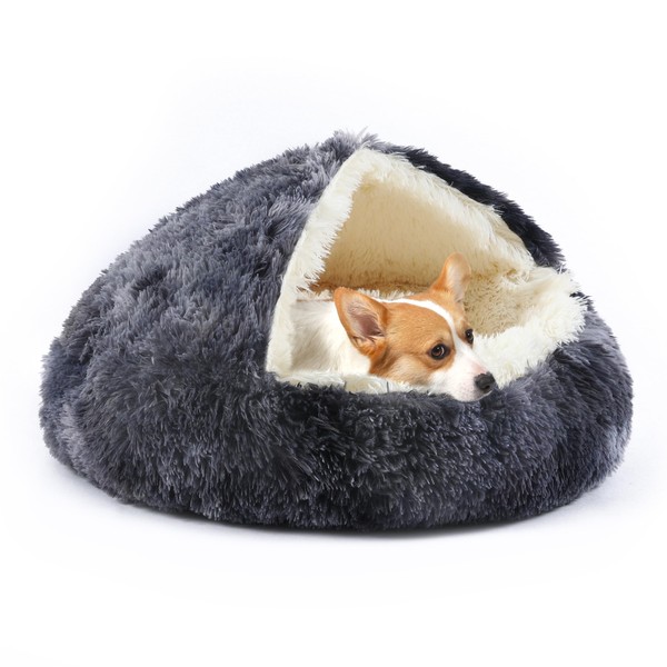 KITTYWOO Dog Bed Round Hooded Plush Cat Cave Self Warming