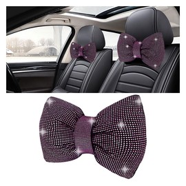 smilfuy 1 PCS Rhinestone Car Headrest Neck Pillow, Auto Headrest Cushion for Driving Seat, Bling Crystal Diamond Bow Neck Support Relax Pillow, Car Interior Accessories for Women Girly (Purple)