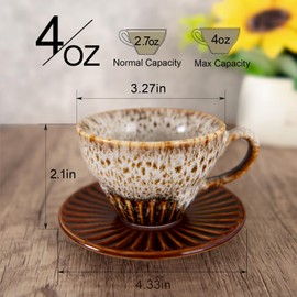 YINUOWEI Tea Cups and Saucers- 4oz Stackable Ceramic Espresso Cups & Cappuccino Cup Set of 2 for Coffee, Latte, and Tea, Durable Glazed White Porcelain tea Set & Modern Latte Cup Collection