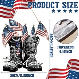 Shellwei 4th of July Patriotic Door Sign Memorial Day Flag Wreath Independence Day Freedom Boot Welcome Door Hanger USA American Veterans Day Decorations for Front Door Porch Home Decor