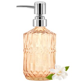14oz Glass Soap Dispenser - Refillable Hand Soap Dispenser with Stainless Steel Pump, Vintage Diamond Design for Bathroom, Kitchen, Dish Soap, Lotion, and Essential Oils (Orange)