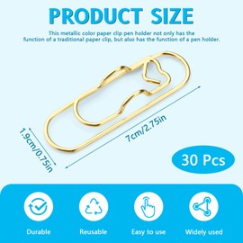 30 Pieces Metal Pen Holder for Notebook Set, Cute Heart Shape Paper Pen Clip, Portable Pencil Clips for Clipboard Travelers Notebook Accessories Desk Book Journal Office Supplies (Gold)