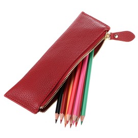 BTSKY Vintage Soft Genuine Leather Pencil Pen Case Pouch Retro Stationery Bag Holder Organizer Storage for Students Businessmen and Artists (Red)