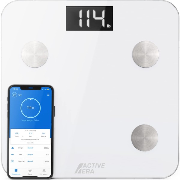 Active Era Digital Bathroom Bluetooth Scales Weight and Body Fat - Fit Track Scale Calculates BMI, Body Fat Percentage, Muscle Mass - Apple Health, Google Fit & Fitbit Compatibility (White)