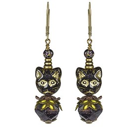 NoMonet Hand Painted Artisan Earrings - Party Cat - Gold, Black and Yellow Leaves