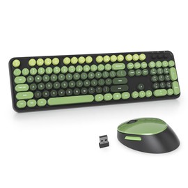 Guffercty kred Dark Green Keyboard and Mouse Wireless, Retro Typewriter Cute Colorful Wireless Keyboard Full-Size 2.4GHz with Round Keycaps for Desktop Laptop and PC(Black Green)