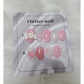 Pink rabbit heart handmade nail tip - Short Oval Mini / 핑크 토끼 하트 수제네일팁 - 숏오발미니
