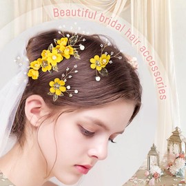 Cinaci 18 Pieces Bridal Wedding Party Prom Pearl Rhinestone Yellow Flower Hair Side Combs Slides+U-shaped Flower Hair Pins+Twist Spiral Hairpins Floral Headpieces for Brides Bridesmaids Women Girls