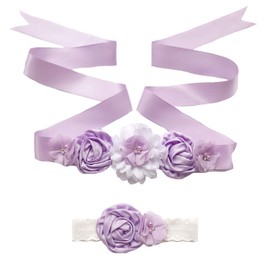 Maternity Flower Sash Belt Headband Set, Women Girls Wedding Baby Shower Sash Lavender