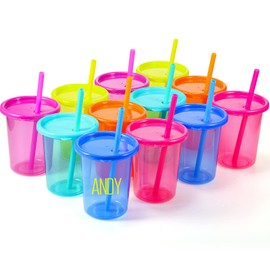 Sawysine 12 Pieces Kids Cups with Straws and Lids, Tumbler Cups Bulk Plastic Cups for Toddlers Reusable Spill Proof Christmas Cups for Kids with Colored Alphabet Stickers
