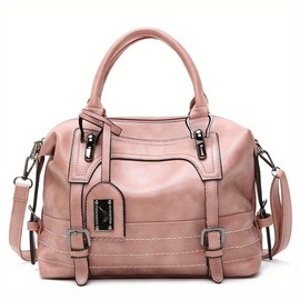 Vintage Boston Leather Shoulder Bag – Detachable Adjustable Strap with Buckle Accents - Color: pink