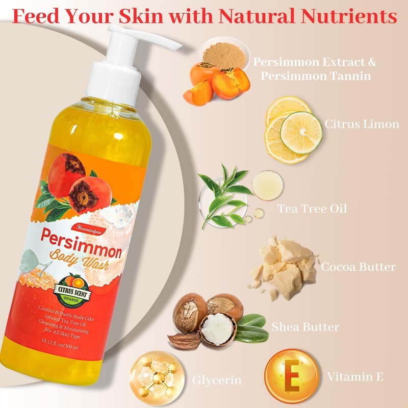 Hoveimpee Persimmon Body Wash for Women Men Odor Controlling, Natural