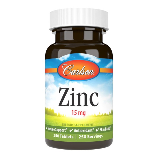 Carlson - Zinc, 15 mg, Zinc Supplement, Zinc Gluconate, Immune Support & Skin Health, Zinc Tablets, Antioxidant, Zinc Capsules, 250 Tablets