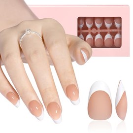 AILLSA Uñas Postizas Francesas de Gel, 180 Unidades, Cortas, Color Marrón Almendra, con Base Y Primer Preaplicados, No Necesitan Lima, Suaves, Ideales