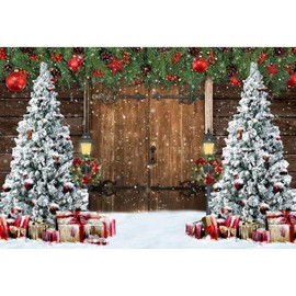 Xiaoterna 7x5ft Merry Christmas Backdrop for Photography Winter Wooden Door Barn Decoration Backdrops Snow Winter Wonderland Wreath Gifts Xmas Background for Happy New Year Photo Props