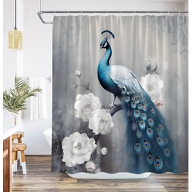QWRSMYX Peacock Shower Curtain Blue Beautiful Bird Asian Animals Peacock Feather Chinese Style Vintage Machine Washable Fabric Bathroom Decor Set with Hooks 70Wx70H Inch