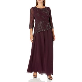 J Kara Women's 3/4 Floral Beaded Pop Over Gown, Wine/Shaded/Mercury, 16