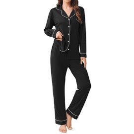 Ekouaer Womens Pajamas Set 2 Piece Button Down Sleepwear Soft Long Sleeve Top and Pants Pjs Lounge Sets Black XL