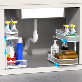 Dolesman Under Sink Organizer, High Adjustable 2 Tier Under Sink Organizers and Storage, Slide Out Metal Cabinet Organizers, Pull Out Storage Drawer Shelf for Kitchen Bathroom Cabinet, Grey, 2 Pack