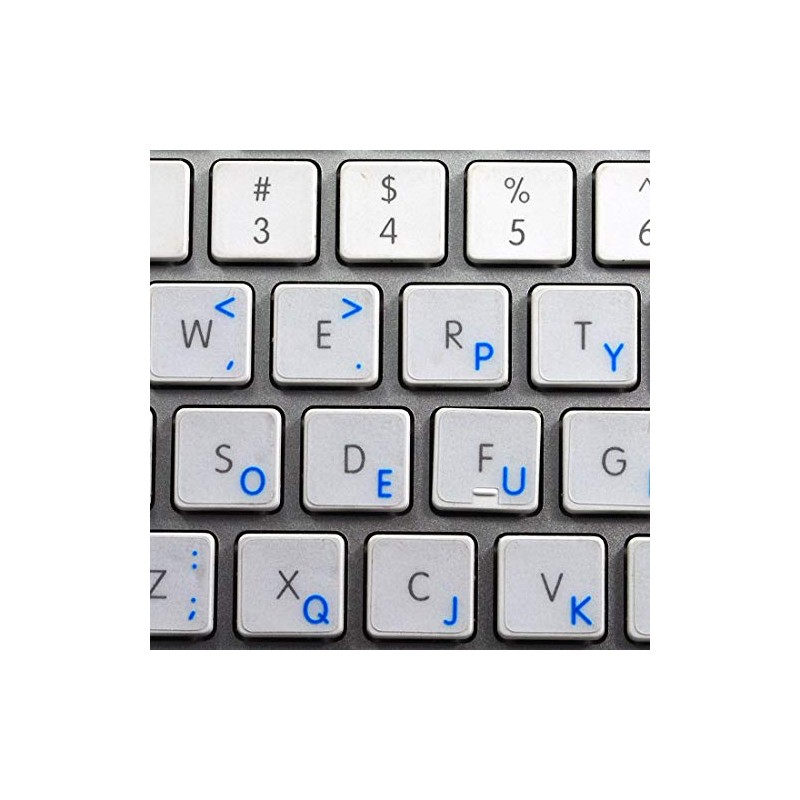 DVORAK STICKY LABELS for KEYBOARD with BLUE LETTERING TRANSPARENT BACKGROUND