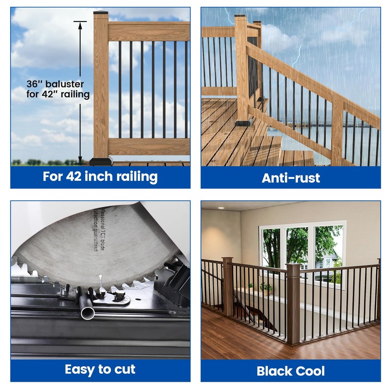 Muzata 50Pack 36" Aluminum Deck Balusters Round Black Deck Railing
