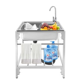 BAIODNB Stainless-Steel Single Bowl,Commercial Restaurant Kitchen Sink Set w/Cold & Hot Faucet,Laundry Sink Undermount Utility Sink for Laundry Room Bathroom Farmhouse