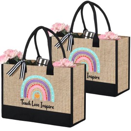 Sanwuta 2 Pcs Teacher Appreciation Gift Rainbow Jute Canvas Tote Bag Thank You Birthday Gift for Women Graduation(Pastel)