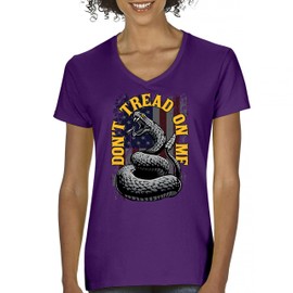 Don't Tread on Me Women's V-Neck T-Shirt Gadsden Flag DTOM 2nd Amendment American Patriotic Flag Militia Bear Arms Guns Tee Purple X-Large