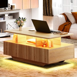YITAHOME LED Coffee Tables for Living Room, Fluted Farmhouse Coffee Table with Storage 4 Drawers and Open Compartment, Modern Rectangle Coffee Tables Small Wood Tables for Home Decor, Natural Oak