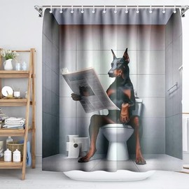 Reateforin Funny Dogs Shower Curtain - Doberman On Toilet Reading Newspaper - Aesthetic Sliver Gray 72"x72" Bathroom Curtain