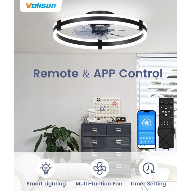 VOLISUN Ceiling Fans with Lights and Remote, 19.7in Low Profile