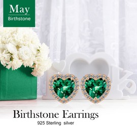 Memorjew 925 Sterling Silver Stud Earrings for Women, Green May Heart Birthstone Created Emerald Earrings Earrings Jewelry Mothers Valentines Day Gifts for Women Mom Girlfriend Wife