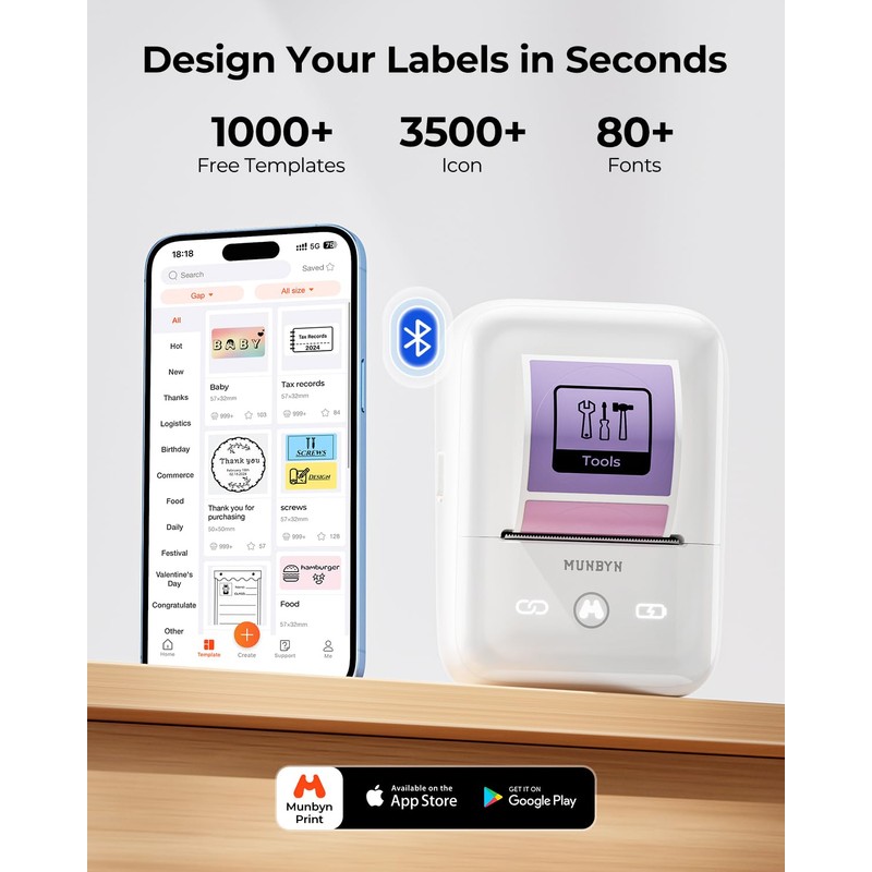 MUNBYN Portable Label Maker Machine with Tape，Bluetooth Thermal Printer with