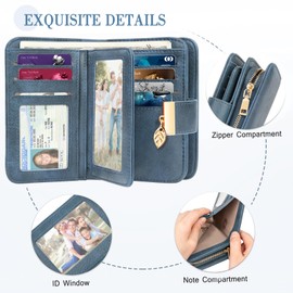 Faneam Women's Purse Small Women's Leather Purse with RFID Protection Multiple Card Slots Wallet with Zip Chain and Lanyard, darkblue, Retro