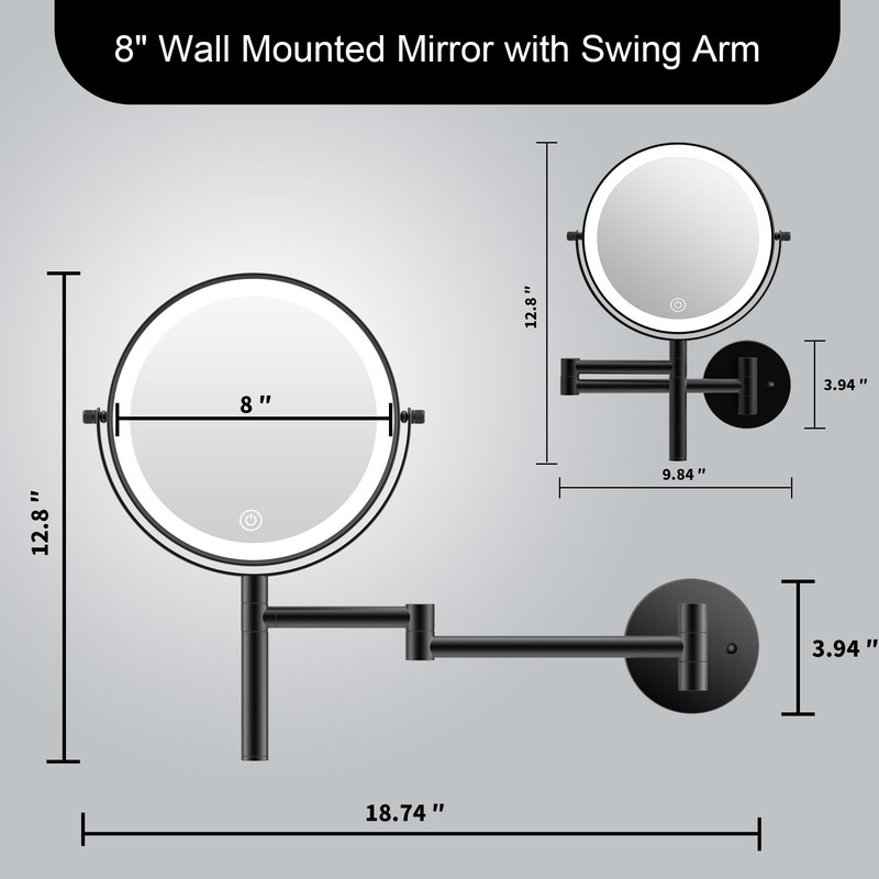 LANSI 8" Wall Mounted Makeup Mirror with Handle, 3 Color
