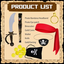 Orgoue Orgoue 7Stück Piratenkostüm Kinder, Piraten Kostüm Zubehörfrauen Männer Pirate Accessories Augenklappe Pirat Piraten Kostüm Kinder Piraten Bandana Stirnband Augenklappe Fernglas Für Karneval